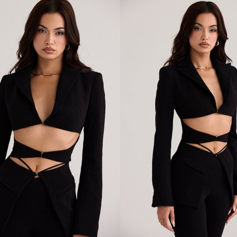 House Of CB 'Nour' Black Crepe Cutout Blazer NWT - Picture 3 of 10